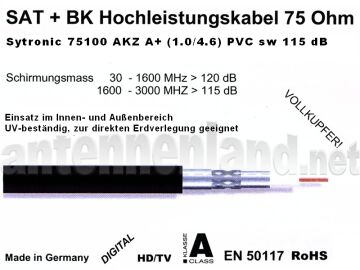 50 m Sytronic 75100 AKZ 1.0/4.6 3S A+ PVC sw - RG6 SAT+BK...