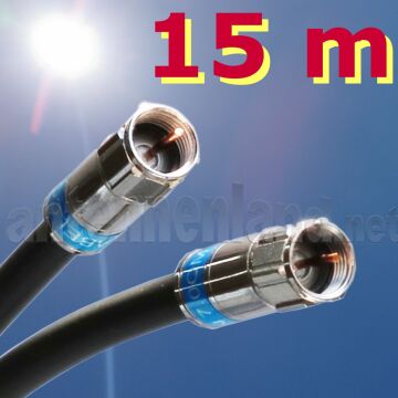 15 m universelles F-Anschlusskabel mit UV-stabilem Kathrein LCD 115 A+, FRNC-Mantel, schwarz und Cabelcon TrueDrop F-Steckern